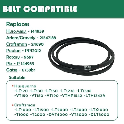 144959 1/2" x 95"Deck Belt 42 Inch fit for Craftsman AYP Husqvarna 144959 532144959, 144959D, 24690, 531300766, 21547027, 21547082, 21547188 DYT4000 LT3000, DLT3000 T2000 YTH180