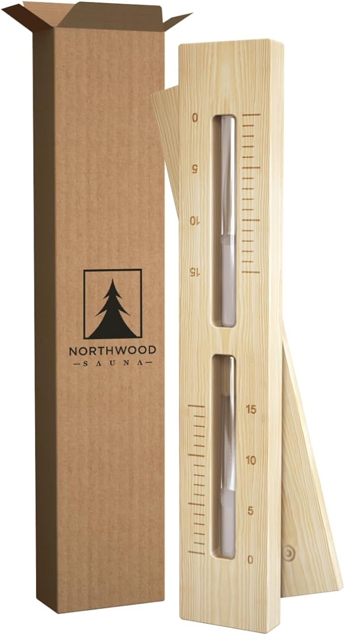 Sauna Sand Timer - Handmade from Finnish Pine Wood - Wall-Mounted Rotating 15-Minute Hourglass with White Sand