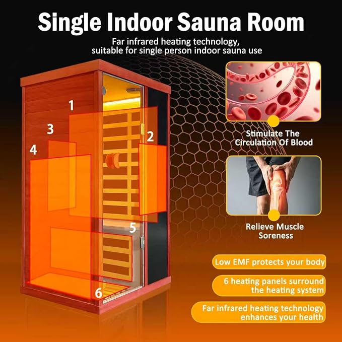 RIGO Home Far-Infrared Sauna Cabin 530W Single-Person Indoor Sauna Cabin, LoElectromagnetic Radiation Dry SaunaDimensions: 28.74 × 35.24 × 61.61 inches