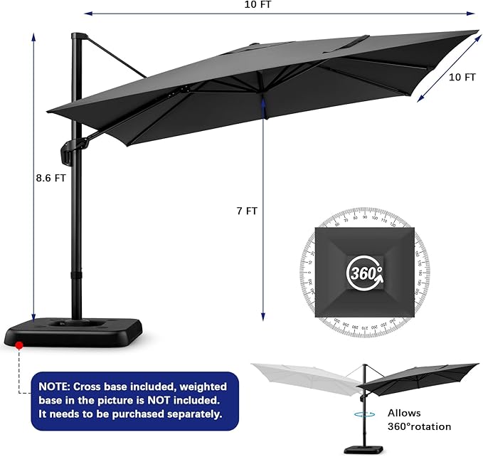 Hotime 10ft Patio Umbrella Outdoor Patio Height adjustable and Windproof, Heavy Duty Aluminum Square Offset Patio Umbrella Cantilever Pool Umbrella with 360°Rotation for Garden Deck Pool, Gray