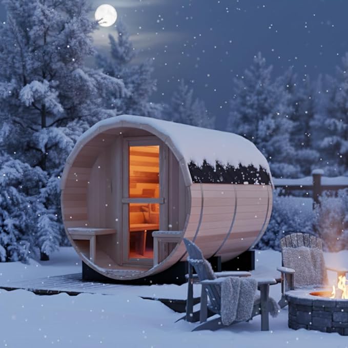 Outdoor Barrel Sauna, 6 Person Wood Steam Sauna Room with Porch, 6kw Toule Electric Heater with Sauna Stone, Canadian Helmock, Sauna Accessorie, Roof, 94.48”*70.86“*70.86“ (Helmock)