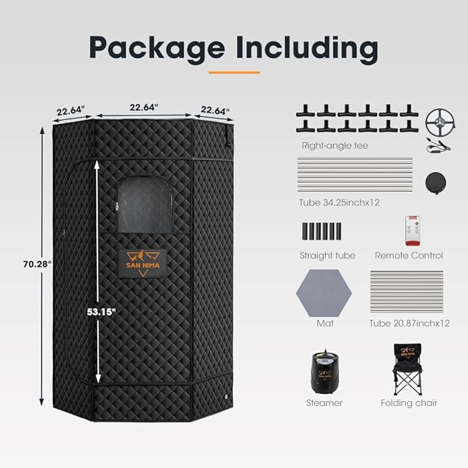 SAN HIMA Portable Sauna for Home - Personal Steam Sauna Box at Home Spa with 3L 1500W Steamer, 9 Levels Heat, 90 Minute Timer, Dimmable LED Light, Foldable Chair, Remote Control for Indoor Outdoor