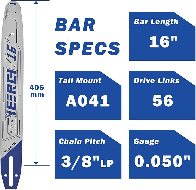 16 Inch Chainsaw Bar 56 Drive Links 3/8"LP Pitch .050" Gauge, 16 Chainsaw Guide Bar, Chainsaw Accessories Fits for Craftsman, Earthwise, Homelite and More(2 Pack)