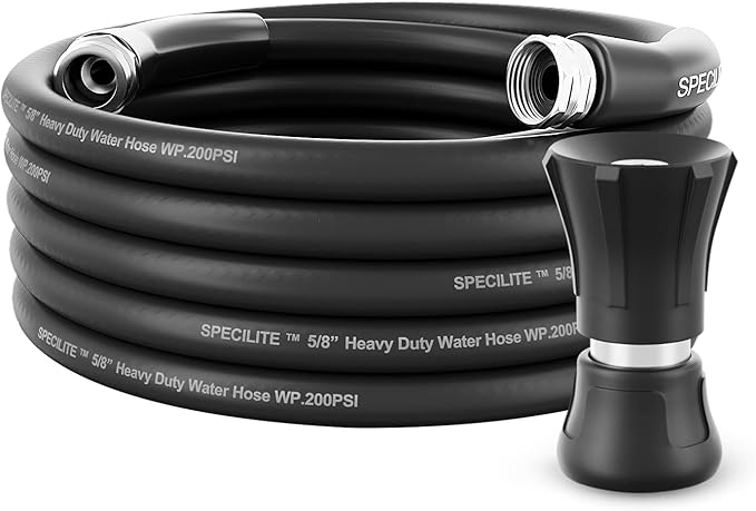 SPECILITE 5/8" Hot/Cold Water Hose 25 ft with High Flow Nozzle,Heavy Duty Flexible Rubber Garden Hose -50℉ to 158℉ With 3/4" Stainless Steel Fittings for Yard, Outdoor, Farm, Lightweight, Black