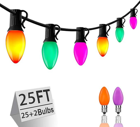 C7 LED Christmas Lights, 25FT String With 27 Orange Green and Purple Bulbs, Hanging Decoration for Outdoor Indoor Patio Home Party Garden Yard - Black Wire