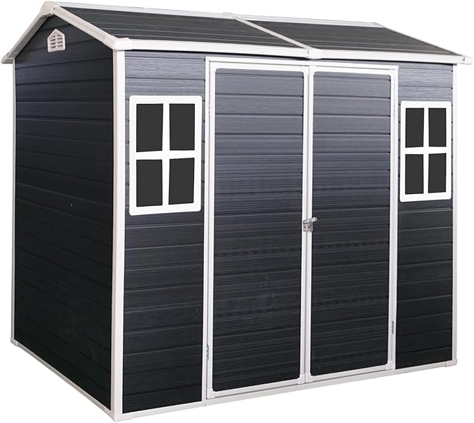 8x4ft Resin Outdoor Storage Shed with Two-Window and Double-Door, Plastic Shed with Floor for Gargen, Patio, Yard, Lawn, Grey (1 Doors) (Black, 4x8ft)