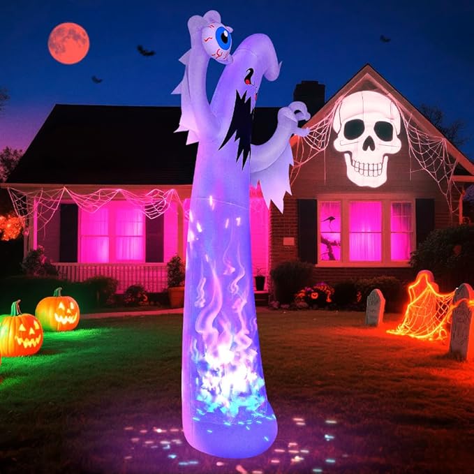 12FT Giant Halloween Inflatables Ghost Decorations, Built in 7-Colored Flame Rotation LEDs Huge Halloween Inflatable Large Spooky Blow Ups Halloween, Party, Indoor, Outdoor, Garden, Yard Lawn