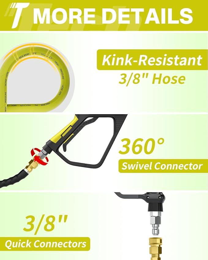 Pressure Washer Hose 200FT 3/8" for Cold and Hot Water 212°F, with Swivel Quick Connect, 4500PSI Kink Resistant Grade Steel Wire Braided, Power Washer Hose With 2pcs M22-14mm Adapter