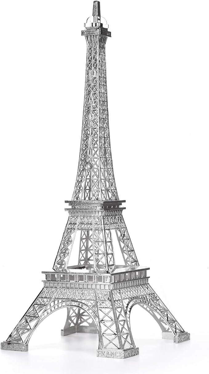ESHATO Silver Metal Eiffel Tower Statue, 10inch Decorative Figurine Replica Stand Holder for Cake Topper Table Decor Gift Party Home Decoration