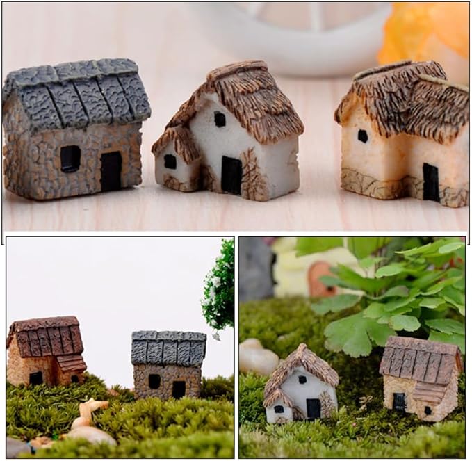 SUPVOX 8Pcs Mini Resin Village House Figurines for DIY Moss Micro Landscape Terrarium Decor Fairy Garden Bonsai Office Desk Ornament