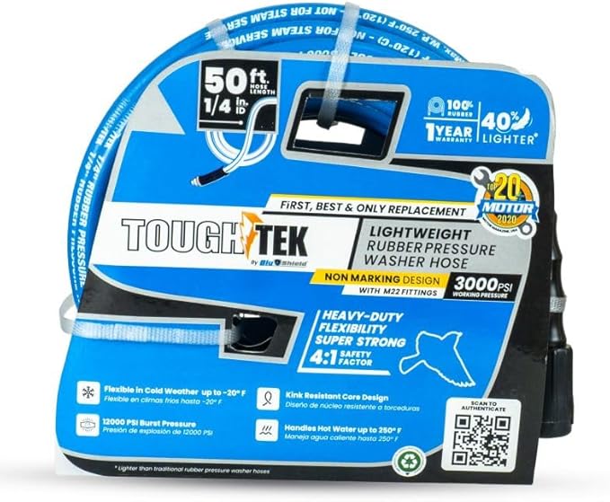 Tough-Tek Rubber Pressure Washing Hose 1/4" x 50' with M22 Coupler – Blue