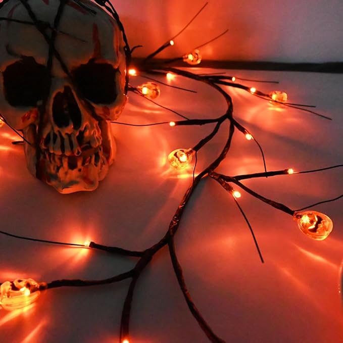 Halloween Decor Lights 6.5 Ft 54 LED Willow Vine Twig with Timer Battery Operated Garland Light 18 LED Pumpkins and 36 Orange Lights Halloween Party Scary Decoration for Home Wall Fireplace