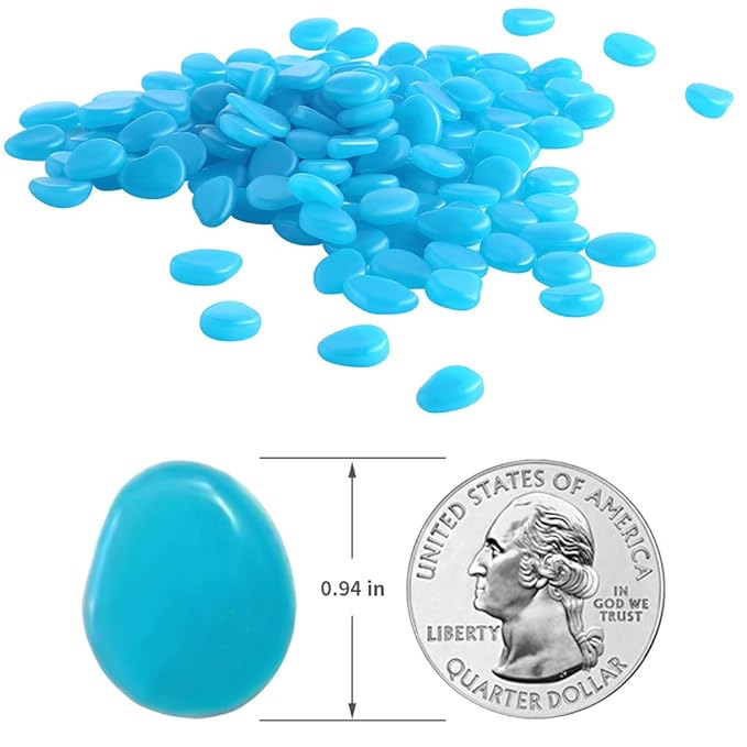 GLOCARNIVAL Glow Pebbles, 300 pcs Blue Glowing Rocks for Outdoor Decor, Garden Lawn Yard, Aquarium, Walkway, Fish Tank, Pathway, Luminous Pebbles Powered by Light or Solar