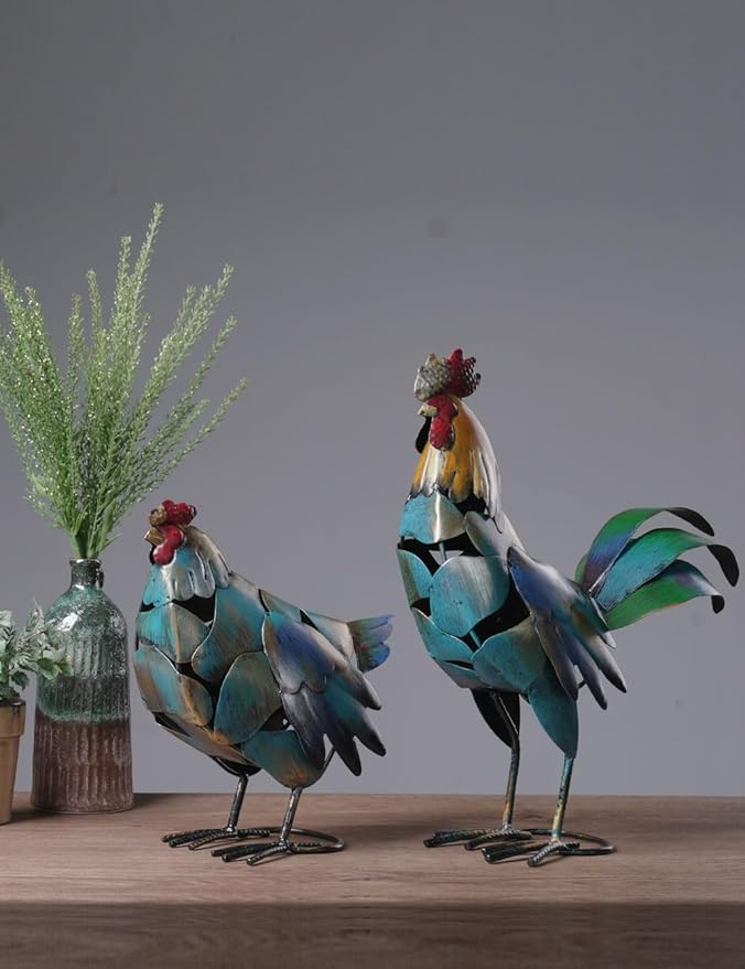 HAUCOZE Rooster Decor Statue Chicken Figurine Sculpture Animal Arts Metal 15.5 inch