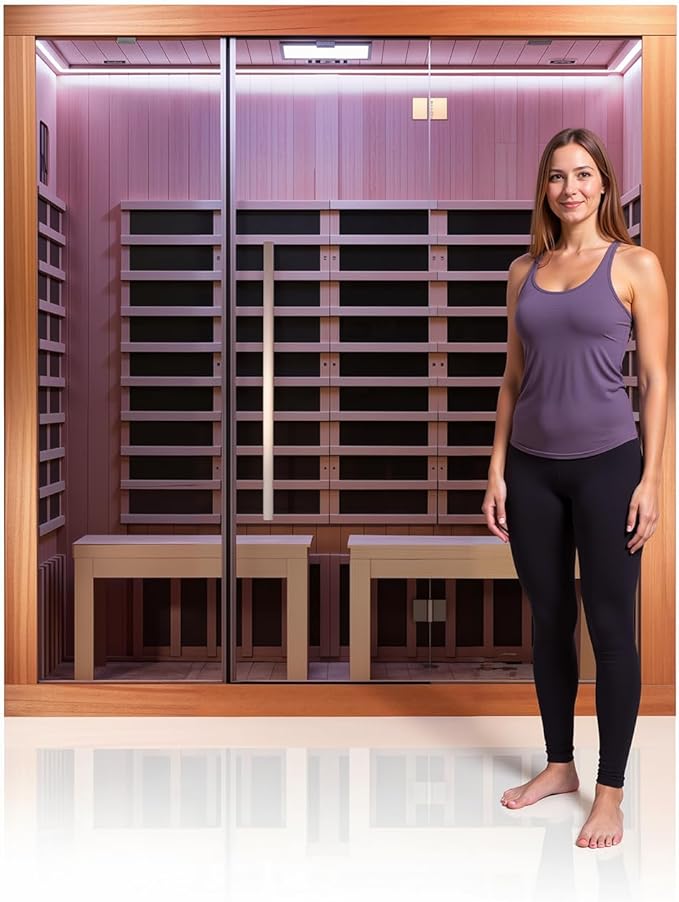 3-4 Person Infrared Sauna - Far Infrared Heating, Bluetooth Speakers, Okoume and Hemlock Wood, Movable Seat for Personalized Comfort