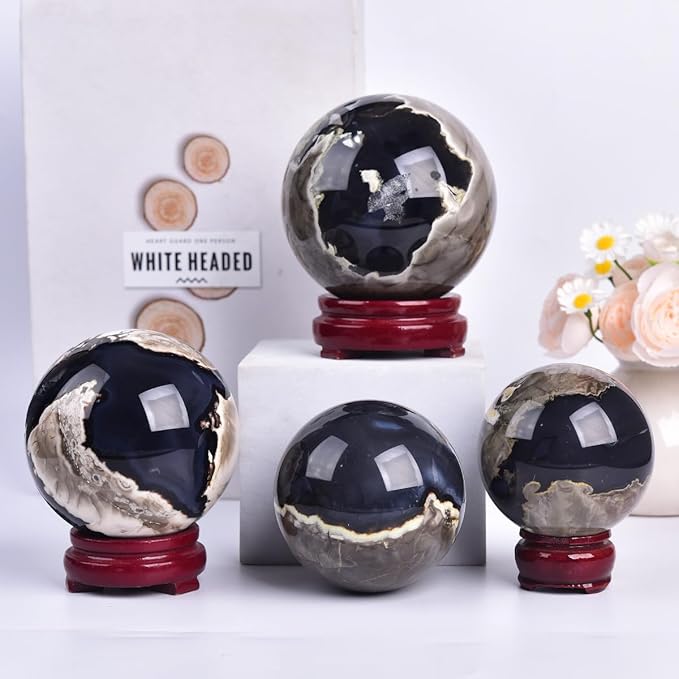 JIC Gem 3.1-3.5 inch(80-90mm) Large Volcanic Agate Crystal Sphere Quartz Crystal Ball with Stand Healing Ornament Witchcraft Meditation Decor