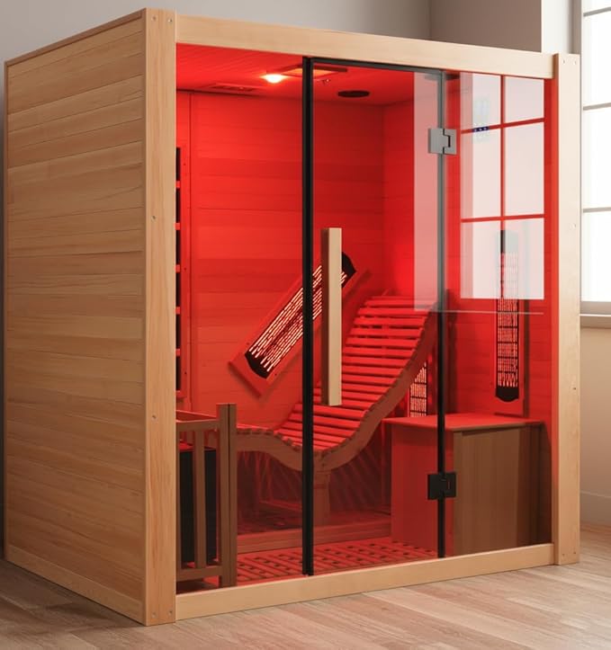 Dual System Sauna, Wooden Steam Room with Recliner or 1 Person Indoor Infrared Home Sauna, Indoor Saunas for Home with 220V, 4.5W Steam Sauna Heater, 7 Infrared Heaters, (Hemlock)