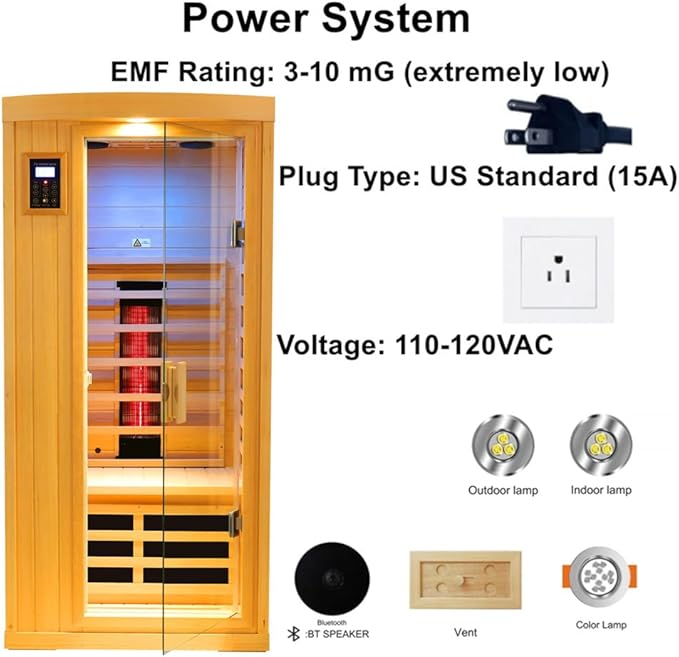 Ceramic Infrared Sauna with Backrest, 1 Person Low EMF Far Infrared Sauna for Home, 1300watt Canadian Hemlock Wood Indoor Saunas with 6 Heating Panels,Blue-Tooth Control, LCD Display