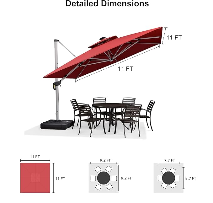 PURPLE LEAF 11 Feet Solar Powered LED Square Cantilever Umbrella With Base Patio Umbrellas Windproof Hanging Outdoor Umbrellas Offset Umbrella, Terra