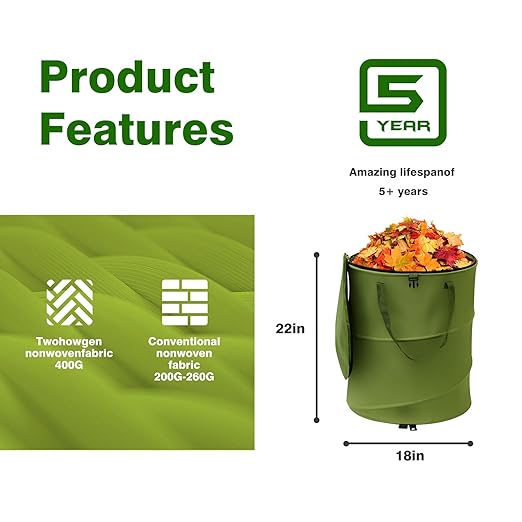 Reusable Lawn and Leaf Garden Bag, Collapsible/Pop Up Trash Can, 18x22 In Garbage Can and Recycling Bin with Lid for Home Storage, Laundry, Camping, Garden (2Pcs-Green 24 Gallons)