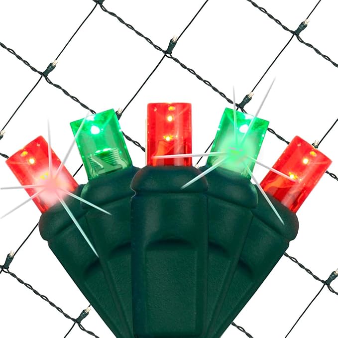 Wintergreen Lighting SoftTwinkle Pulsing Net Lights, Outdoor Twinkling Christmas Lights, Green Wire (70 Lights, 4' x 6', Red/Green)
