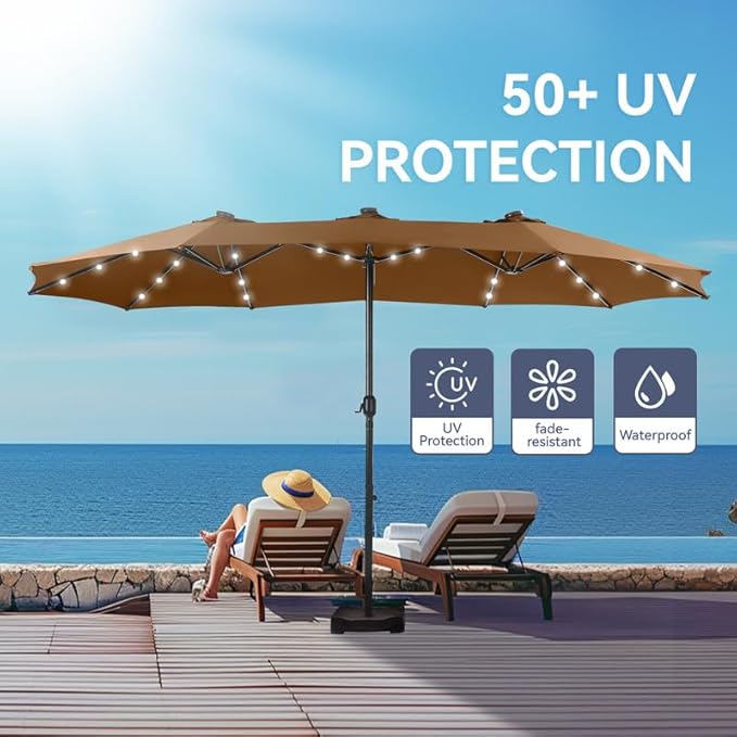 GREEN PARTY 15 ft Rectangle Patio Umbrella with Solar Lights and Base Included, Double-Sided Market Table Umbrella with Crank, Large Outdoor Umbrellas for Patio Poolside Garden Backyard, Tawny