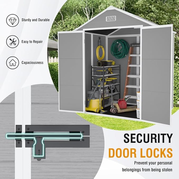 6x5 FT Outdoor Resin Storage Shed with Floor and Window, Outside Waterproof Plastic Garden Sheds w/Lockable Door & Vents, All-Weather Tool House for Patio, Backyard, Lawn, Grey