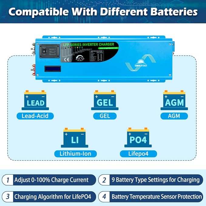 SUNGOLDPOWER 6000W 24 Vdc Inverter Charger,Peak 18000w,240 Vac Input, 120V/240V AC Output Split Phase,Low Frequency,Pure Sine Wave with LCD Remote Controller(Updated Version) Blue