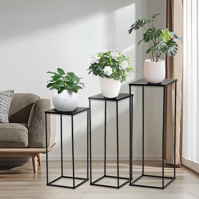 VINCIGANT 3PCS Metal Plant Stand Sets Metal Flower Stands,Black Pedestal Stands for Party Living Room Patio Decoration Tall Centerpiece Stands Planter Supporting Garden Home Decor