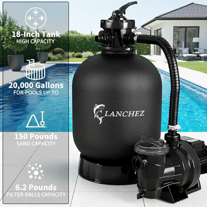 LANCHEZ 18" Sand Filter Pump for Above Ground Pool with Timer, 1.5 HP, Max 4900 GPH for Pools Up to 20000 GAL, 6-Way Valve Pool Sand Filter System, Enhanced Circulation for Crystal-Clear Pool