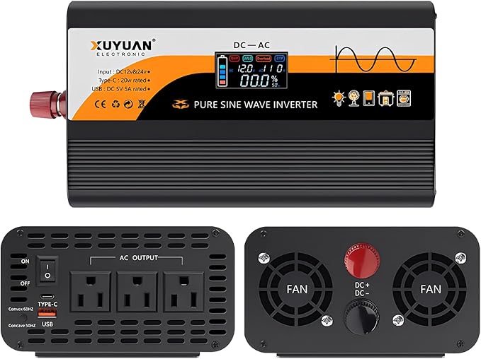 1500W Pure Sine Wave Inverter (3000W Peak), 12V/24V Auto-Detect, 50Hz/60Hz Switchable, LCD Display, Type-C Fast Charging, Silent Design, Overload & Overheat Protection for RV, Home (Black-1500W)