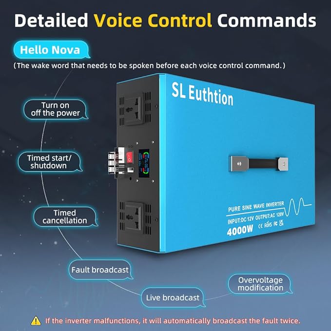 4000W Pure Sine Wave Power Inverter Voice Control AI Voice Assistant Support English 24V to 120V 60HZ with LCD Display, USB Port, for Car Home Laptop Truck