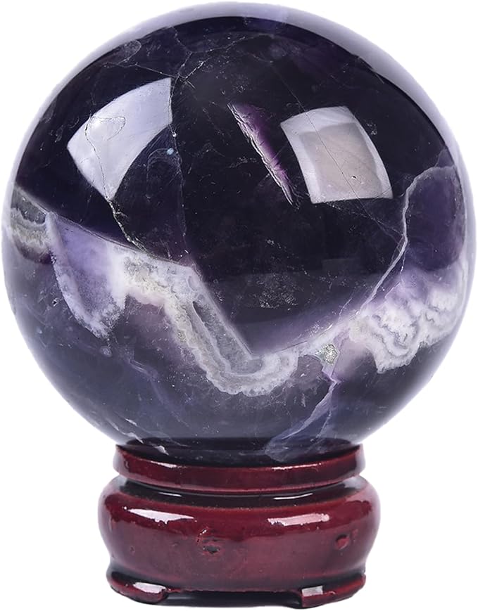JIC Gem Colorful Fluorite Crystal Ball with Wooden Stand Healing Crystal Sphere Ball for Feng Shui Decor Spiritual Gifts 70-80mm