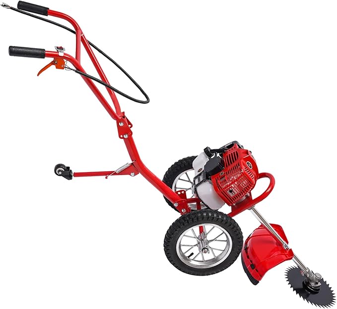 49CC 2-Stroke Walk Behind String Mower, 2-in-1 Hand Push Grass Cutter, 1500W Air-Cooled Floor Mount 0.33gal Fuel Tank Capacity W/Weeding Baffle, Weeding & Loosening Blade for Mowing Gardens