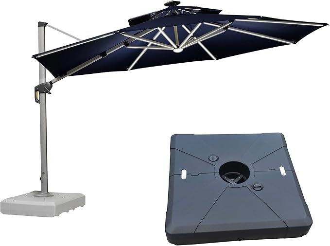 PURPLE LEAF 12ft Patio Umbrella With Base Solar powered LED Cantilever Umbrella with LED lights Windproof Outdoor Offset Umbrella for Garden Deck Pool Patio, Navy Blue