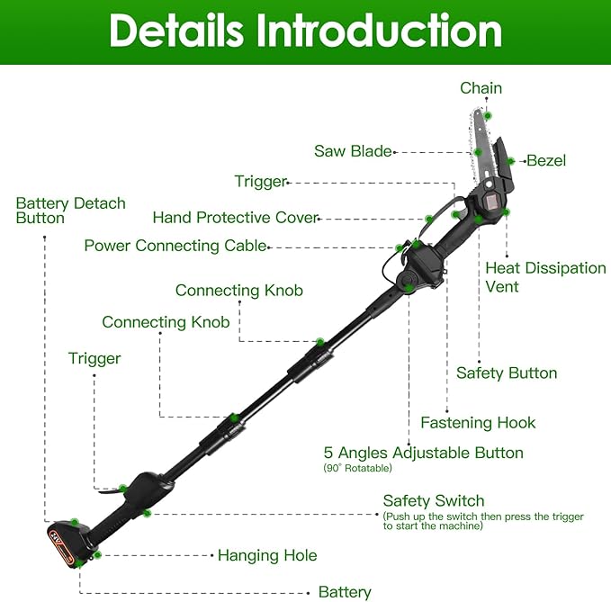 2-in-1 Cordless Pole Saw, Cordless Chain Saw, 33Ft/s Battery Pole Saw with 2Pcs 1500mAh Batteries 4in/6in Chains, 13ft Reach Electric PoleSaw, Comes with 3 extension rods, for Tree Trimming