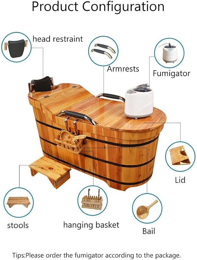 Wooden Hot Tub Bathroom Freestanding Soaking Non-Slip Bathtub Thickened Handrail Style Healthy Medicinal Bathtub For Both Adult And Child Family Members (Deluxe configuration with lid fumigation)