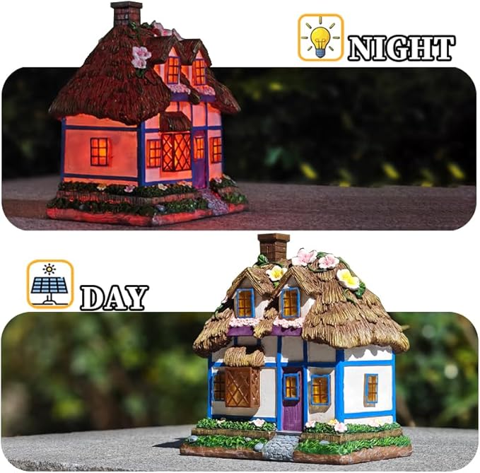Resin Rustic Fairy Cottage Statues - M-Shaped Thatched Roof Garden Outdoor Decor with Solar Lights, Birthday Gifts for Women Mom Yard Decorations, Gardening Gifts for Patio, Balcony, Porch