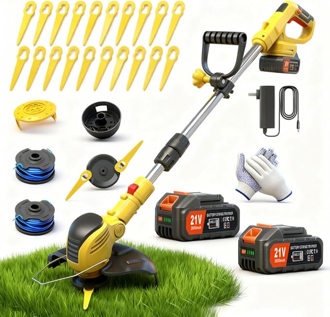 Weed Wacker Cordless,21V Electric Weed Cordless Eater Battery Powered with 2 x 4.0Ah Batteries, Edgers for landscaping/Electric Grass Trimmer/Garden Tools, Adjustable Control Lever