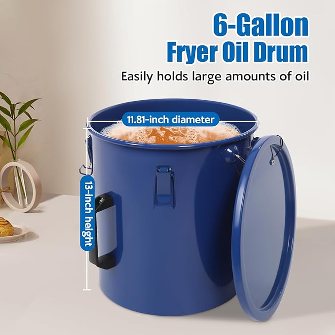 6 Gallon Commercial Fryer Oil Bucket with Lid, Fryer Grease Bucket, Coated Carbon Steel Fryer Oil Container with Rubber Seal, Rustproof, Leakproof, Filter Bag for Hot Cooking Oil Filteringm, Blue