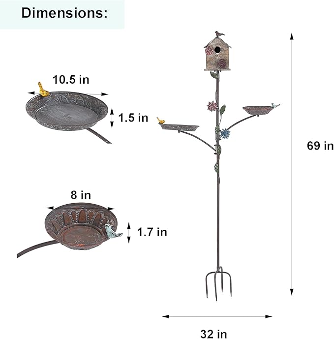 Bird House for Outside with Stake & Bird Feeder/Bath Bowl - Free Standing 3 in 1 Bird Feeder Tray, Bird Bath Bowl, Birdhouse for Outdoors on Pole Garden Yard Deco - 69" H