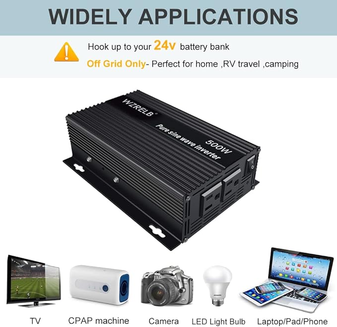 WZRELB 500W Pure Sine Wave Inverter 24VDC to 120VAC Solar Power Converter Truck RV Home LCD Display