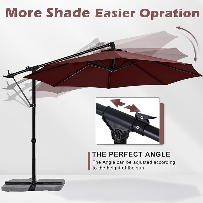 ABCCANOPY 10FT Cantilever Umbrella Offset Hanging Patio Umbrella with Base Stand Rotate and Tilt，Suitable for Garden, Lawn, Backyard(Burgundy)
