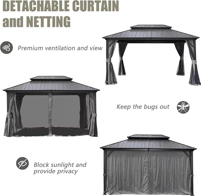 Domi 10’ X 12’ Hardtop Gazebo Canopy with Netting & Curtains, Outdoor Aluminum Gazebo with Galvanized Steel Double Roof for Patio Lawn and Garden, Gray