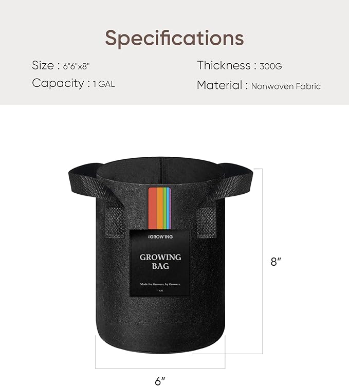 The Growing 5 Pack 1 Gallon Fabric Grow Bags，Thickened Aeration Nonwoven Fabric Plant Pots with Durable Handles,Heavy Duty 300G Planter Pot for Tomato, Fruits, Vegetables and Flowers, Black