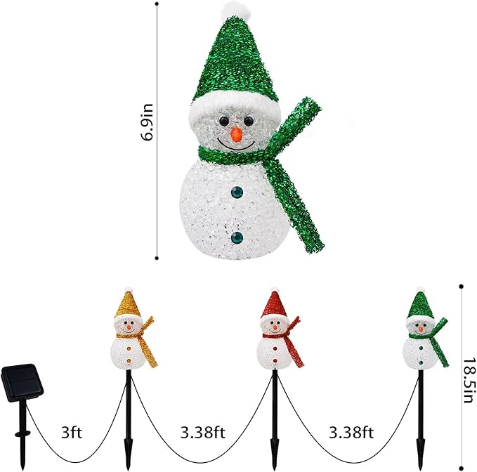 3PCS Snowman Shape Solar Christmas Lights Decorations, Solar Landscape Pathway Stakes Lights, Outdoor Christmas Lights Decor for Garden, Yard, Porch (Color Hat- Warm White)