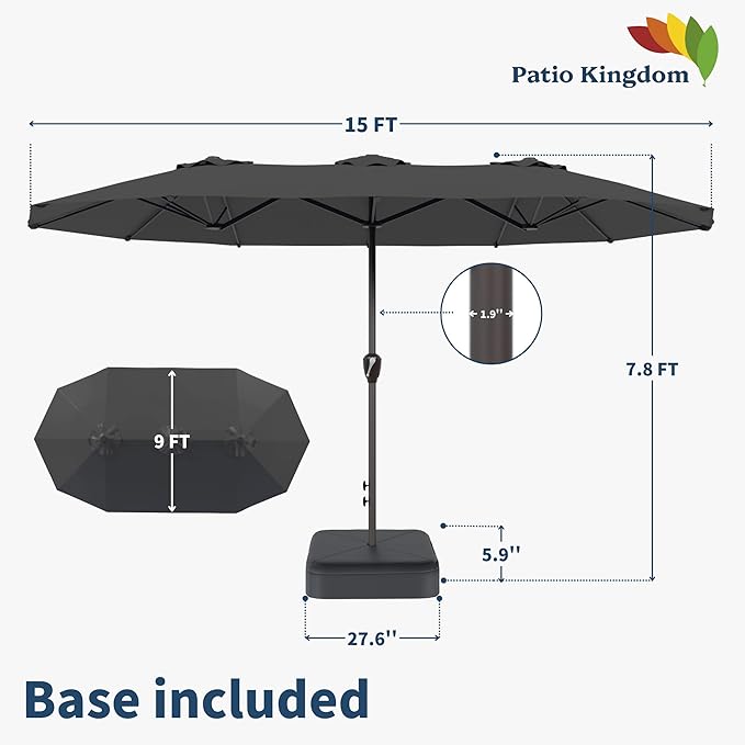 15FT Double Sided Patio Umbrella with Base Included Large Outdoor Market Umbrella with Crank Handle, UV Resistant Canopy, Sturdy Frame for Garden, Poolside, Deck, Gray