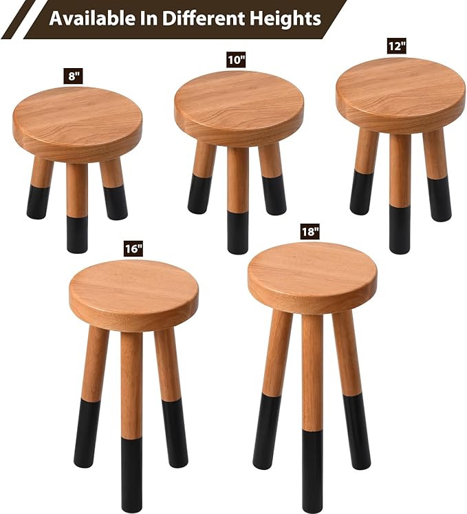 Rubber Wood 9" Round Plant Stand |Dip Dyed Black Stool, Wood Riser |Milking Stool (8" H)