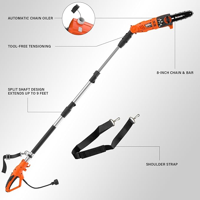 MAXLANDER 8-Inch Electric Pole Saw Corded - 6 Amp Pole Saws for Tree Trimming, 15-Feet MAX Reach Pole Saw, 31ft/s Cutting Speed - Easy Tree Trimming & Tool-Free Setup