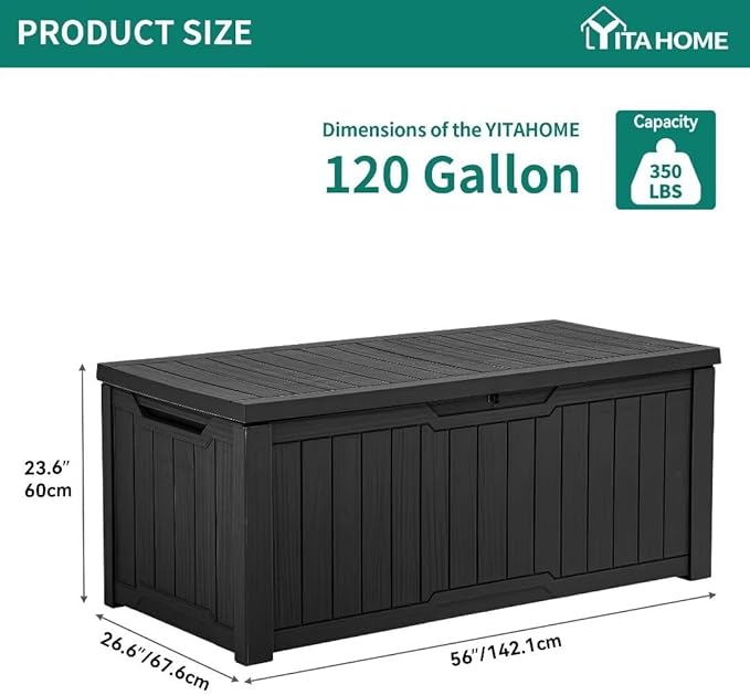 YITAHOME Outdoor Storage Box, 120 Gallon Waterproof Deck Box for Garden Tools, Patio Cushions, and Pool Accessories, Lockable, Easy Assembly, Versatile Bench or Table (Black)